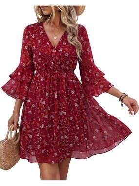 🆕 Women's Red Floral Chiffon Dress 3/4 Ruffle Sleeve V Neck Layered Summer Mini